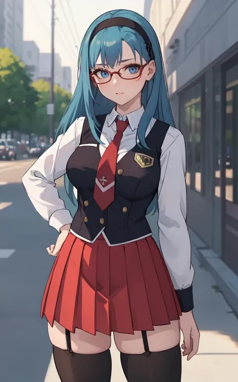 SchoolUniform_JunkoMochida_ownwaifu, day,
1girl, blue hair, long hair, glasses, hairband, large breasts, blue eyes, 
school uniform, red necktie, vest, red skirt, pleated skirt, zettai ryouiki, thighhighs, legs, 
<lora:FAP_BibleBlack_JunkoMochida_ownwaifu:0.7> ,
((masterpiece)),((best quality)),(highres), bokeh, depth_of_field, spotlight, scenery, looking at viewer, solo, contrapposto, cowboy shot,