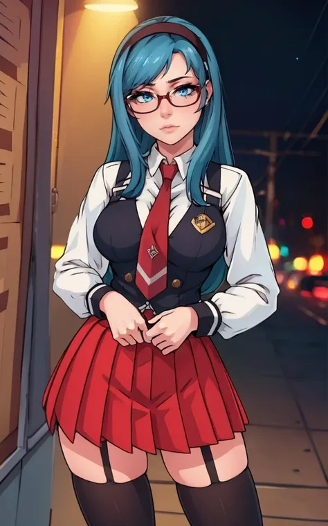 SchoolUniform_JunkoMochida_ownwaifu, ,
1girl, blue hair, long hair, glasses, hairband, large breasts, blue eyes, 
school uniform, red necktie, vest, red skirt, pleated skirt, zettai ryouiki, thighhighs, legs, 
<lora:FAP_BibleBlack_JunkoMochida_ownwaifu:0.7> ,
((masterpiece)),((best quality)),(highres), bokeh, depth_of_field, spotlight, scenery, looking at viewer, solo, contrapposto, cowboy shot,