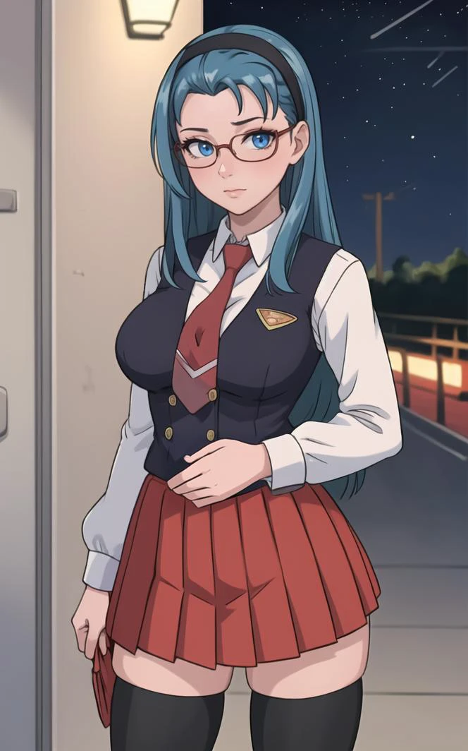 SchoolUniform_JunkoMochida_ownwaifu, night,
1girl, blue hair, long hair, glasses, hairband, large breasts, blue eyes,
school uniform, red necktie, vest, red skirt, pleated skirt, zettai ryouiki, thighhighs, legs,
<lora:FAP_BibleBlack_JunkoMochida_ownwaifu:0.7> ,
((masterpiece)),((best quality)),(highres), bokeh, depth_of_field, spotlight, scenery, looking at viewer, solo, contrapposto, cowboy shot,