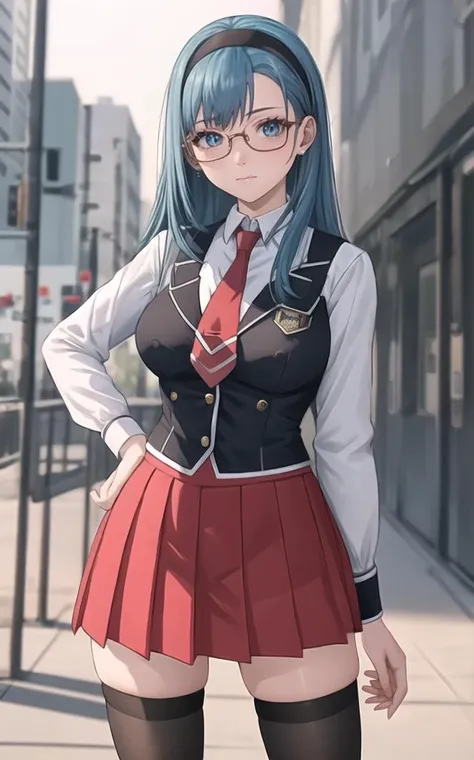 SchoolUniform_JunkoMochida_ownwaifu, day,
1girl, blue hair, long hair, glasses, hairband, large breasts, blue eyes, 
school uniform, red necktie, vest, red skirt, pleated skirt, zettai ryouiki, thighhighs, legs, 
<lora:FAP_BibleBlack_JunkoMochida_ownwaifu:0.7> ,
((masterpiece)),((best quality)),(highres), bokeh, depth_of_field, spotlight, scenery, looking at viewer, solo, contrapposto, cowboy shot,