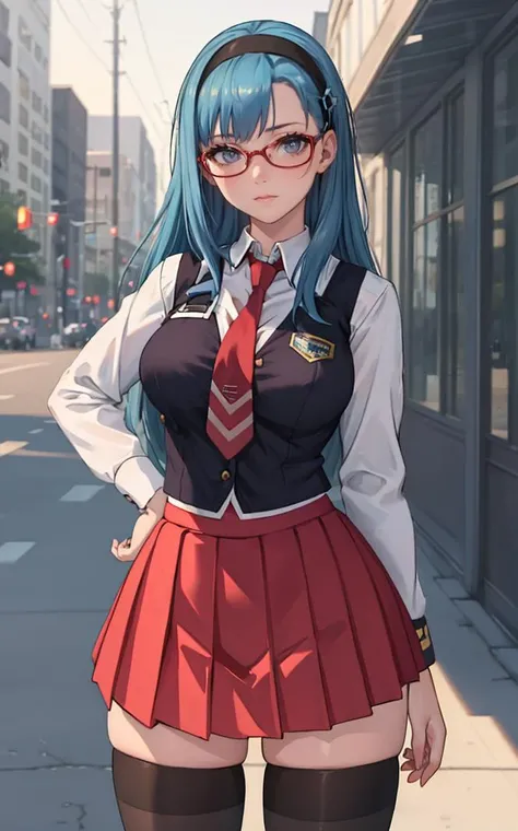 SchoolUniform_JunkoMochida_ownwaifu, day,
1girl, blue hair, long hair, glasses, hairband, large breasts, blue eyes,
school uniform, red necktie, vest, red skirt, pleated skirt, zettai ryouiki, thighhighs, legs,
<lora:FAP_BibleBlack_JunkoMochida_ownwaifu:0.7> ,
((masterpiece)),((best quality)),(highres), bokeh, depth_of_field, spotlight, scenery, looking at viewer, solo, contrapposto, cowboy shot,