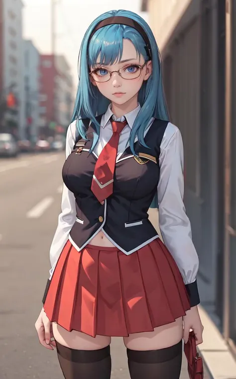 SchoolUniform_JunkoMochida_ownwaifu, ,
1girl, blue hair, long hair, glasses, hairband, large breasts, blue eyes, 
school uniform, red necktie, vest, red skirt, pleated skirt, zettai ryouiki, thighhighs, legs, 
<lora:FAP_BibleBlack_JunkoMochida_ownwaifu:0.7> ,
((masterpiece)),((best quality)),(highres), bokeh, depth_of_field, spotlight, scenery, looking at viewer, solo, contrapposto, cowboy shot,