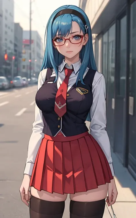 SchoolUniform_JunkoMochida_ownwaifu, ,
1girl, blue hair, long hair, glasses, hairband, large breasts, blue eyes,
school uniform, red necktie, vest, red skirt, pleated skirt, zettai ryouiki, thighhighs, legs,
<lora:FAP_BibleBlack_JunkoMochida_ownwaifu:0.7> ,
((masterpiece)),((best quality)),(highres), bokeh, depth_of_field, spotlight, scenery, looking at viewer, solo, contrapposto, cowboy shot,