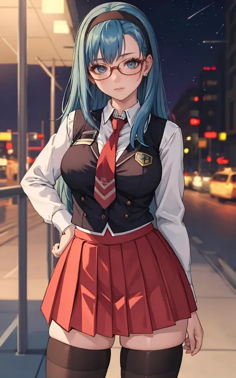 SchoolUniform_JunkoMochida_ownwaifu, night,
1girl, blue hair, long hair, glasses, hairband, large breasts, blue eyes,
school uniform, red necktie, vest, red skirt, pleated skirt, zettai ryouiki, thighhighs, legs,
<lora:FAP_BibleBlack_JunkoMochida_ownwaifu:0.7> ,
((masterpiece)),((best quality)),(highres), bokeh, depth_of_field, spotlight, scenery, looking at viewer, solo, contrapposto, cowboy shot,