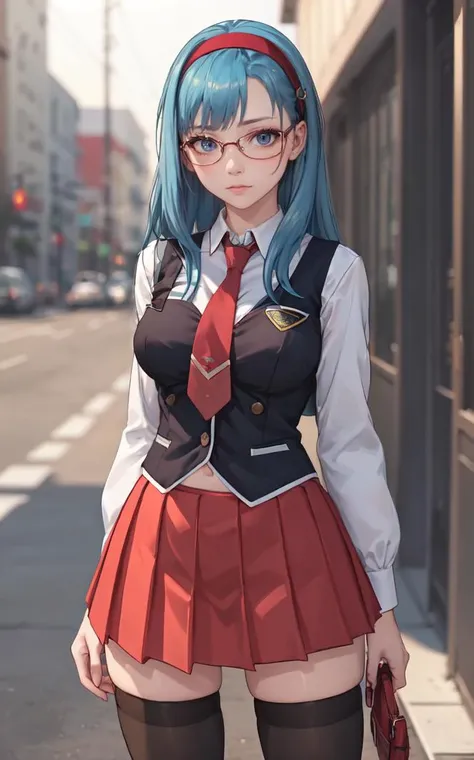 SchoolUniform_JunkoMochida_ownwaifu, day,
1girl, blue hair, long hair, glasses, hairband, large breasts, blue eyes, 
school uniform, red necktie, vest, red skirt, pleated skirt, zettai ryouiki, thighhighs, legs, 
<lora:FAP_BibleBlack_JunkoMochida_ownwaifu:0.7> ,
((masterpiece)),((best quality)),(highres), bokeh, depth_of_field, spotlight, scenery, looking at viewer, solo, contrapposto, cowboy shot,