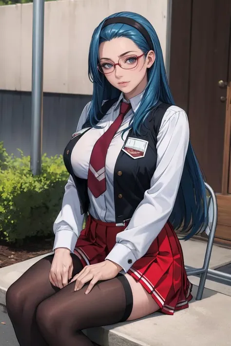 sitting, 
masterpiece, best quality, high quality, highres, outdoors, day, upper body, looking at viewer, solo, focused, BREAK, 
FAP_BibleBlack_JunkoMochida_ownwaifu, bible_black,
1girl, long hair, blue hair, hairband, breasts, large breasts, blue eyes, rimless eyewear, very long hair, 
skirt, thighhighs, long sleeves, school uniform,  necktie, glasses, zettai ryouiki, red necktie, suspenders, red skirt, pleated skirt,  black_vest, vest, 
<lora:FAP_BibleBlack_JunkoMochida_ownwaifu:0.65>