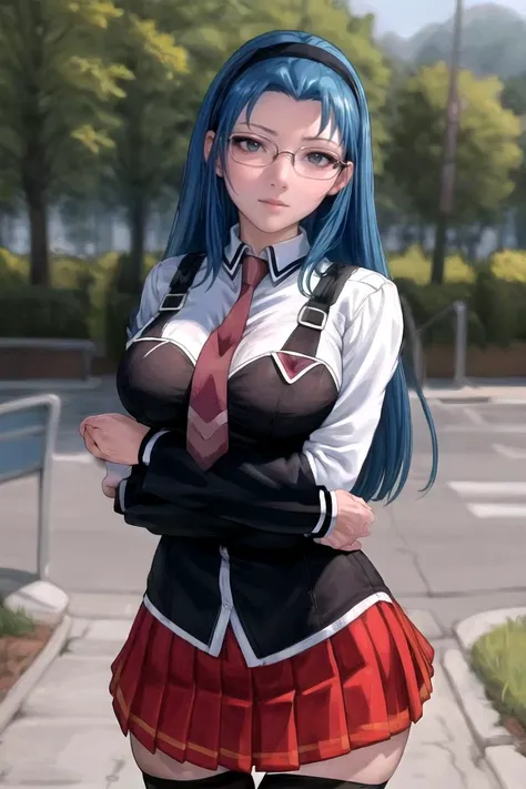 masterpiece, best quality, high quality, highres, outdoors, day, upper body, looking at viewer, solo, focused, BREAK,
FAP_BibleBlack_JunkoMochida_ownwaifu, bible_black,
1girl, long hair, blue hair, hairband, breasts, large breasts, blue eyes, rimless eyewear, very long hair,
skirt, thighhighs, long sleeves, school uniform, necktie, glasses, zettai ryouiki, red necktie, suspenders, red skirt, pleated skirt, black_vest, vest,
<lora:FAP_BibleBlack_JunkoMochida_ownwaifu:1>
<lora:LoConARTSTYLE_AromaSensei_ownwaifu:0.8>