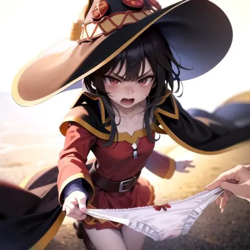 (masterpiece), (best quality), (photorealistic:1.4), perfect face, highly detailed everything,
Megumin, megumin's style, cape, hat,
cowboy shot, (angry:1.2)
(holding panties, pov hands:1.2), black panties,
<lora:presenting_panties_v0.3:0.9>
<lora:Megumin_V1.0:0.8>