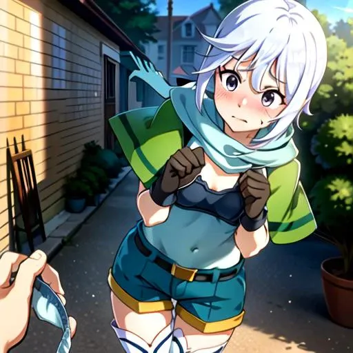 (masterpiece), (best quality), (photorealistic:1.4), perfect face, highly detailed everything,
cowboy shot, looking at viewer, (embarrassed:1.2), blush, closed mouth,
 chris, \(konosuba\), 
blue shorts, black gloves, scarf, belt, boots, white thighhighs, bike shorts under shorts, capelet, bandeau, scar on cheek, single strap,
(holding panties, pov hands:1.3),
 <lora:presenting_panties_v0.3:0.8> 
<lora:ChrisV9-000009:0.9>