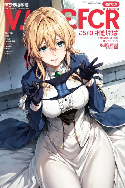 masterpiece, best quality, highres, (presenting panties:1.3), hands, <lora:presenting_panties_v0.3:1.2>,, 1girl, blonde hair, gloves, ribbon, blue jacket, dress, red ribbon, hair ribbon, blue eyes, hair between eyes, jewelry, jacket, long sleeves, brooch, ascot, bangs, braid, white ascot, white dress, hair intakes, skirt, large breasts, violet evergarden \(series\), violet evergarden, <lora:VioletEvergarden:0.6>, smile, panties, upper body, magazine cover,