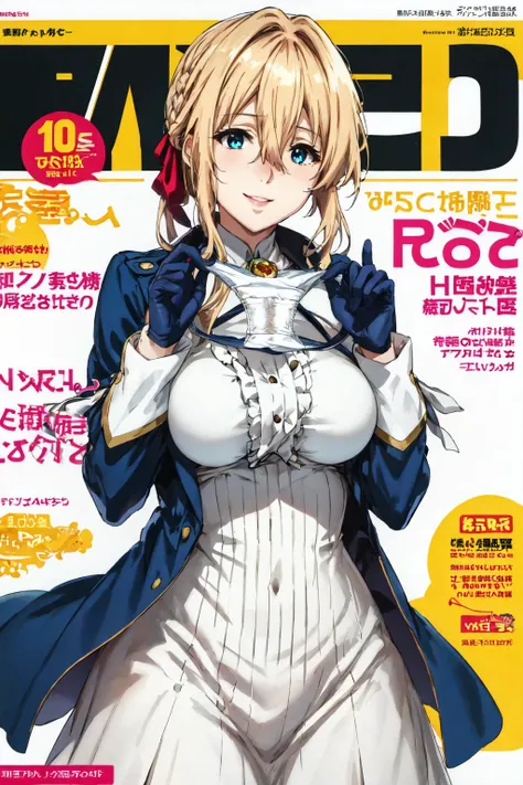 masterpiece, best quality, highres, (presenting panties:1.3), hands, <lora:presenting_panties_v0.3:1.2>,, 1girl, blonde hair, gloves, ribbon, blue jacket, dress, red ribbon, hair ribbon, blue eyes, hair between eyes, jewelry, jacket, long sleeves, brooch, ascot, bangs, braid, white ascot, white dress, hair intakes, skirt, large breasts, violet evergarden \(series\), violet evergarden, <lora:VioletEvergarden:0.6>, smile, panties, upper body, magazine cover,