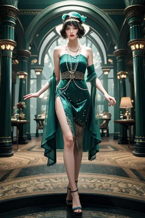 (otherworldly), highly insanely detailed, masterpiece, top quality, best quality, highres, 4k, 8k, RAW photo, (very aesthetic, beautiful and aesthetic), <lora:Charleston-000009:1>, xcharleston style, 1girl, solo, hat, dress, jewelry, necklace, high heels, sandals, ground vehicle,
bright blue-green background,
(flower, falling petals, petals on liquid, petals, cherry blossom:0.8),
âââ
