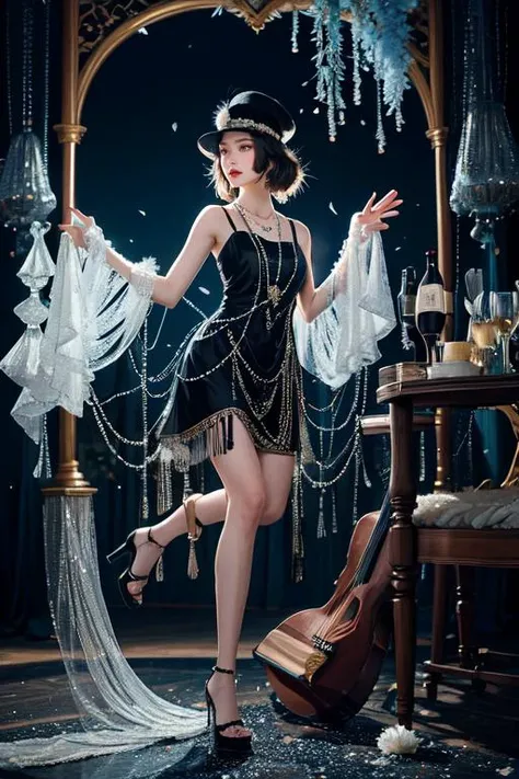 (otherworldly), highly insanely detailed, masterpiece, top quality, best quality, highres, 4k, 8k, RAW photo, (very aesthetic, beautiful and aesthetic), <lora:Charleston-000009:1>, xcharleston style, 1girl, solo, hat, dress, jewelry, necklace, high heels, sandals, ground vehicle, 
pure blue background, transparent background, 
(flower, falling petals, petals on liquid, petals, cherry blossom:0.8), 
âââ