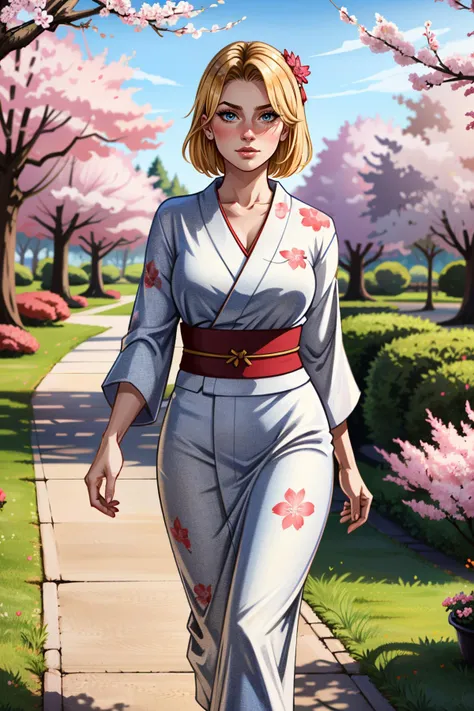 ((ultra detailed, masterpiece, absurdres))
 <lora:DOATina:0.9>
DOATina, 1girl, solo, blonde hair, walking in a serene Japanese park with cherry blossoms, yukata, and a hair ornament