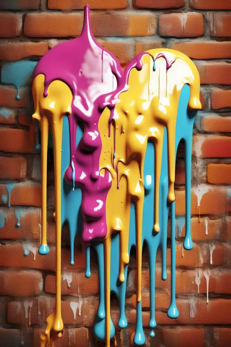 <lora:Dripping Art:1>Dripping Art - Design an artistic image that symbolizes love, using a dripping paint effect to enhance the visual impact. The image may incorporate a heart or another emblem of love, with paint dripping from it in a visually appealing manner. Use bright and attention-grabbing colors to make the artwork stand out, while the dripping paint effect adds an imaginative and innovative flair, brick wall background