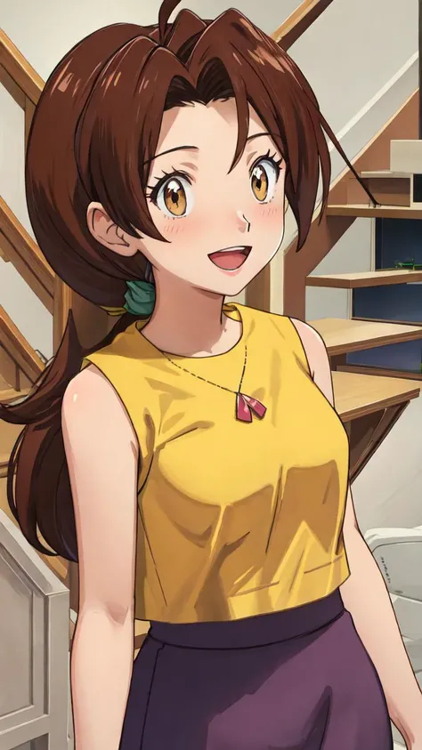 lumen reflections, natural lighting, evocative, triadic color scheme, cowboy shot, elegant, voluptuous:0.6, looking at viewer, 1girl, female, solo, blush, open mouth, smile, teeth, sfw, <lora:Delia:1>, Delia_Ketchum, brown hair, long hair, low ponytail, ahoge, brown eyes, shirt, sleeveless shirt, (yellow sleeveless shirt:1.2), skirt, purple skirt