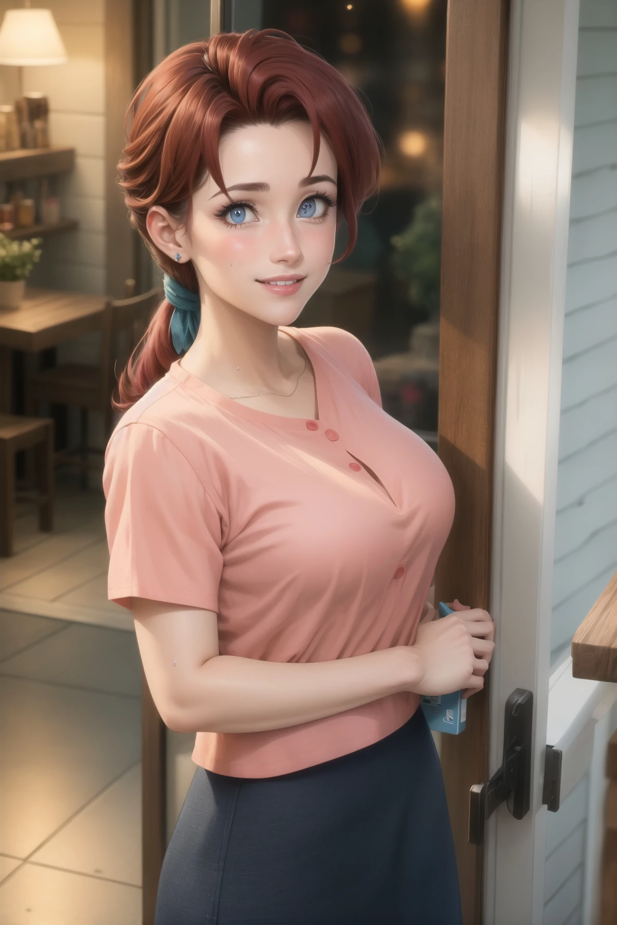 masterpiece, ((best quality)), ((highly detailed)),((detailed eyes, deep eyes)), ((1girl:1.2,solo:1.2)), ((big breasts:1.3)), delia_ketchum (blush:1.2), parted lips, ((red hair)) intricate details, looking at viewer,intricate details, vibrant image, sharpness, colorful, ambient soft lighting,medium breasts::1.3, mature female, shirt, skirt, pov, look at viewer, open front door, blush, heavy breathing, smile, sweat, 30yo,Young female, perfect eyes, perfect face,expressive eyes, looking at viewer, in the center of the image,perfect lighting,Colorful, Bright_Front_face_Lighting,shiny skin, (masterpiece:1.0),(best_quality:1.0), ultra high res,4K,ultra-detailed, 8K, HDR, highres, absurdres:1.2, Kodak portra 400, film grain, blurry background, bokeh:1.2, lens flare, (vibrant_color:1.2) (Beautiful,large_Breasts:1.2) <lora:Deliav1:0.8> <lora:Lgirl-v6_500steps:-3>