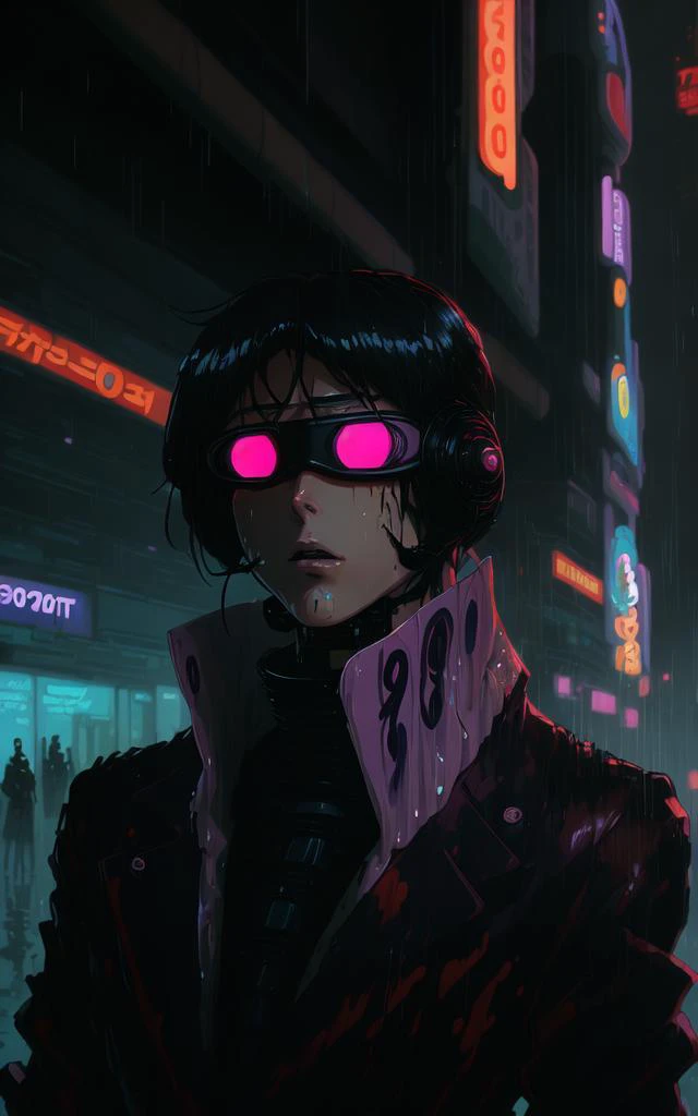 (oil painting)+ portrait of a (1980s anime style)+++ ominous (gogurt futurism)+++ secret police agent in the dark rain, epic composition, wet, (futuristic nacreous gogurt decoist futurism city)+, moody lighting