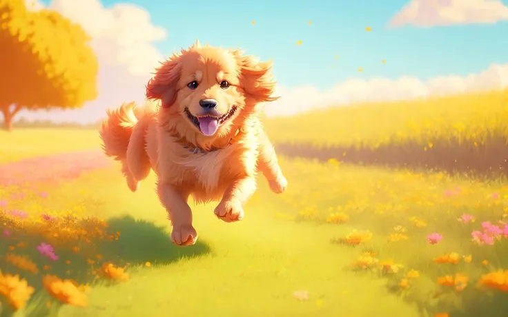 cartooncore animation style cute happy golden retriever prancing in a grand meadow, warm, vivid colors, warm sunlight, flowers