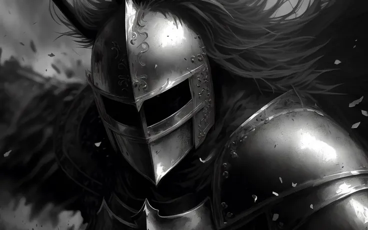 closeup anime style knight in black armor in battle, gritty, film grain, epic composition
