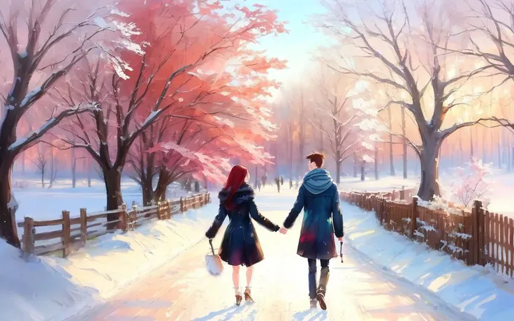 (drybrush speed painting)+, realistic anime style couple holding hands and walking in a cozy winter nature park, paint brush (strokes)+, warm, loving