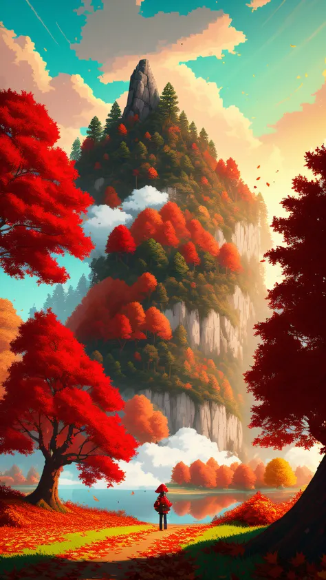 octans, outdoors, scenery, cloud, sky, solo, 1girl, day, autumn leaves, grass, tree, leaf, blue sky, hood, rock, e, cloudy sky, autumn, standing, falling leaves, wide shot, water, from behind, , red jacket, pants, forest, pixel,pixel art,