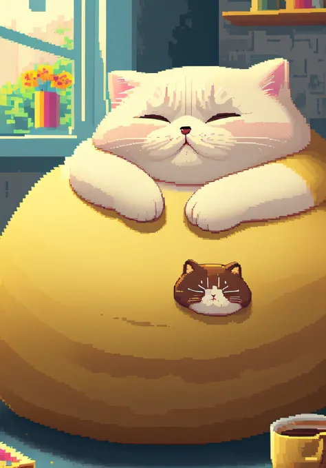 (masterpiece, best illustration, no humans), 1 fat cute cat sleeping, comfy, highly detailed, pixel,pixel art,
