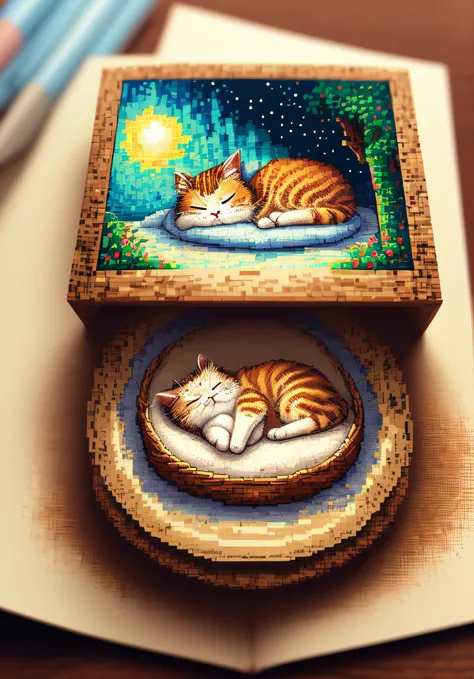 (masterpiece, best illustration, no humans), 1 cute cat sleeping, comfy, highly detailed, pixel,pixel art,