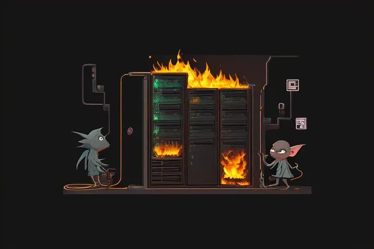 a dark data centre, server racks on fire, electrical sparks, cute sneaky gremlin stealing cables, sticker art, icon Painting with a black background, casual game style, flat shading, minimalistic