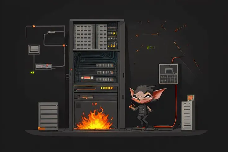 a dark data centre, server racks on fire, electrical sparks, cute sneaky gremlin stealing cables, sticker art, icon Painting with a black background, casual game style, flat shading, minimalistic