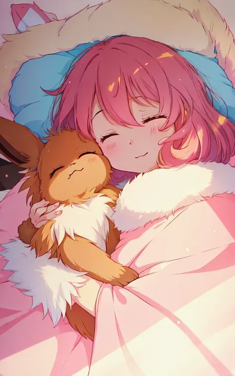 cute smol happy 1girl hugging her solo cute happy floofy (eevee)+ pokemon, warm lighting, loving, cozy bedroom, colorful, (eyes closed)+, blankets