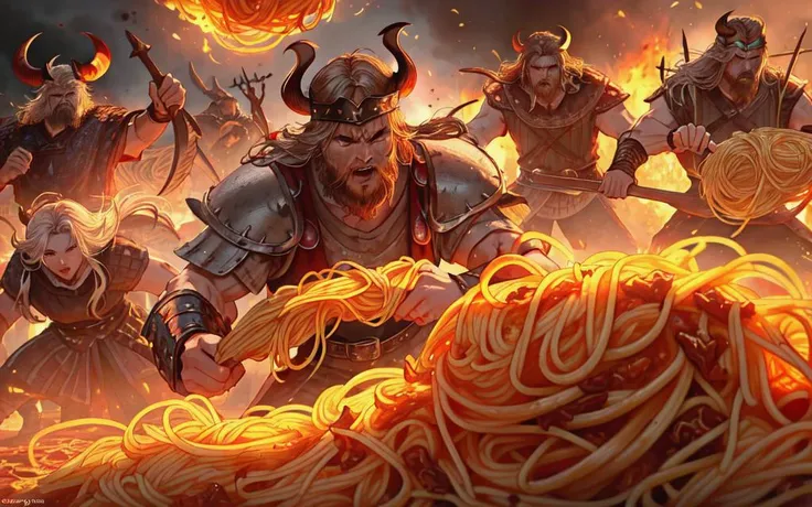 closeup shot of a group of vikings preparing to fight an (angry army of approaching spaghetti demons)+, epic composition
