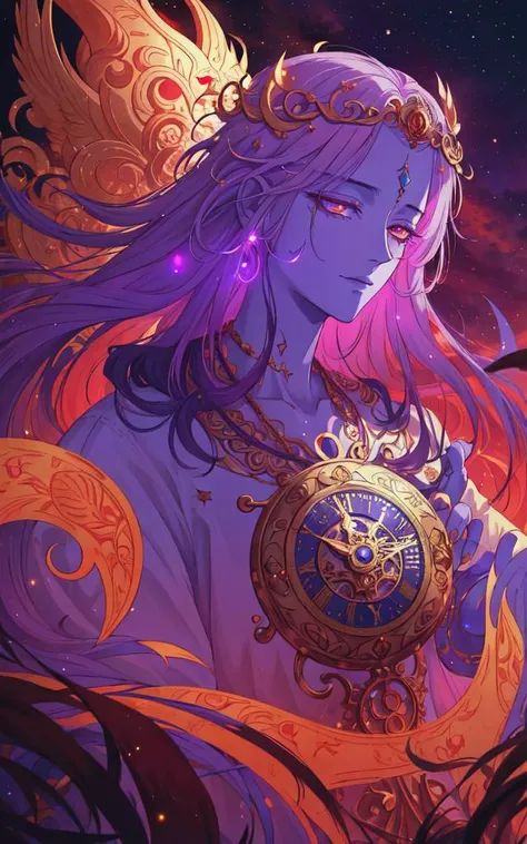 portrait of Xantheris, the God of Time, refugee from a far-away part of the spirit plane, ruler of a minor deity, surreal, cosmic color palette, glowing lighting, divine atmosphere, floating, celestial, intricate details, intricate clockwork motifs