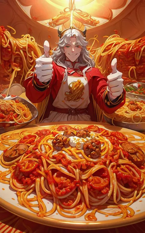 POV; (the spaghetti knight)+ handing you a plate of spaghetti and giving a thumbs up with a smile, fantasy style, full body