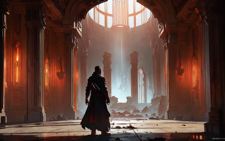 best quality, highres, cinematic sci-fi anime character concept art inspired by ralph mcquarrie, ominous poster of a 1boy Sith exploring the interior of an ancient desolate abandoned Sith academy built with decorative marble and sandstone pillars, atmospheric lighting, dynamic pose withLora(EnvironmentStarWars,0.5)