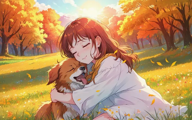 closeup beaming solo 1girl sitting and hugging her happy floofy dog in a meadow, warm sunlight, volumetric lighting, windy, cozy, loving, leaves, absurdres, vivid colors, detailed background, eyes closed