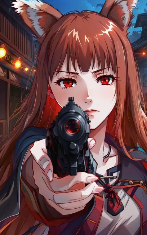 best quality, 1girl holo aiming at viewer, gun, upper body, wolf ears, brown hair, red eyes, solo, truth is, the game was rigged from the start withLora(holo_locon_v1a,0.85) withLora(gunAimingAtYouV1,0.5)