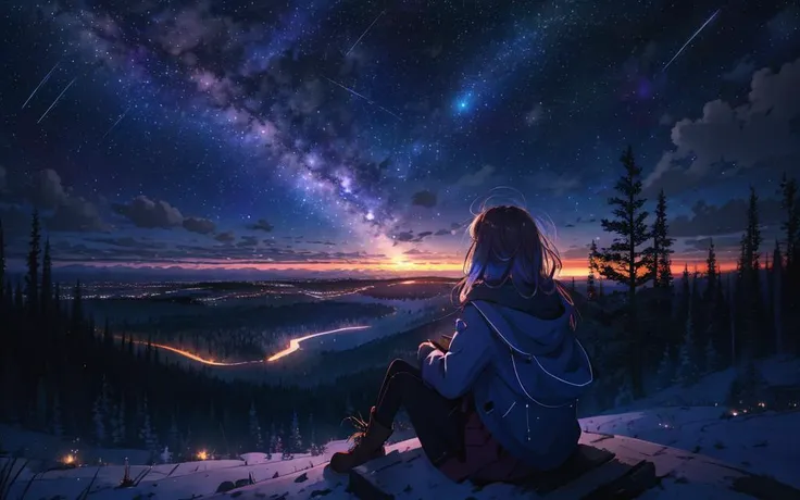 A girl sitting on a hill looking at the stars - SeaArt AI