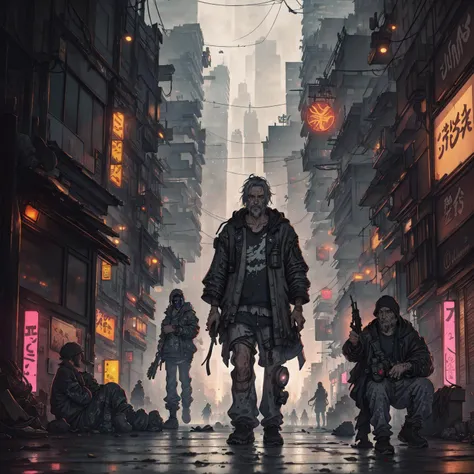 Ink wash painting, 1homeless guy in the busy street, a busy cyberpunk overpopulated city in the background, people holding guns, cyberpunk, cinematic, highly detailed, octane render, volumetric lighting, soft light, full body shot, anime