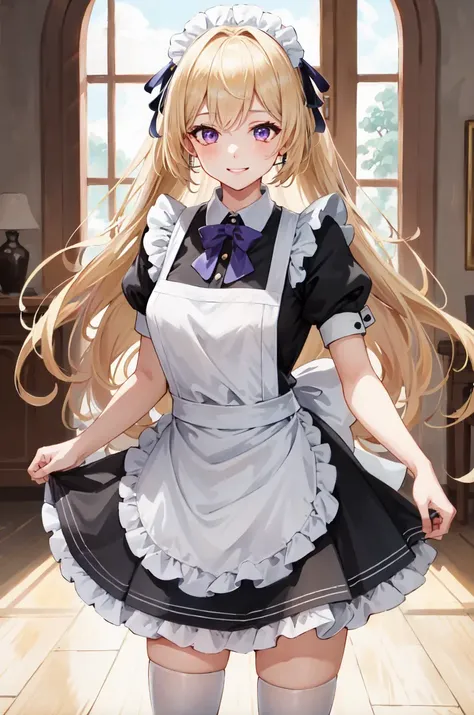 TakaRi, solo, 1girl, blonde hair, long hair, purple eyes, smile, standing, dynamic pose, <lora:TakaRi:0.7>, 8k, masterpiece, best quality, absurdres, perfect antomy, cinematic lighting, cowboy shot, (maid uniform:1.1)