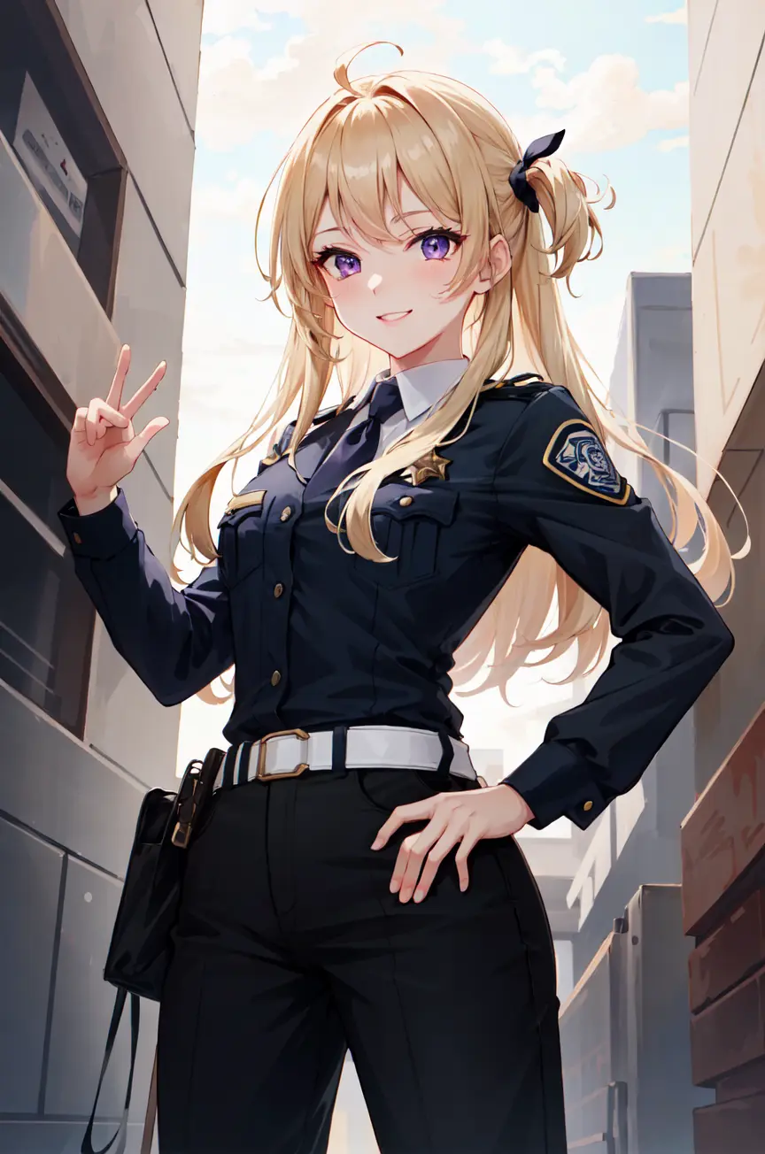 TakaRi, solo, 1girl, blonde hair, long hair, purple eyes, smile, standing, dynamic pose, <lora:TakaRi:0.7>, 8k, masterpiece, best quality, absurdres, perfect antomy, cinematic lighting, cowboy shot, (police uniform:1.1), pants