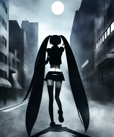 solo, styhuke, black rock shooter, 1girl, solo, Nana Gray, long hair, twintails, street, moon, walking down a street