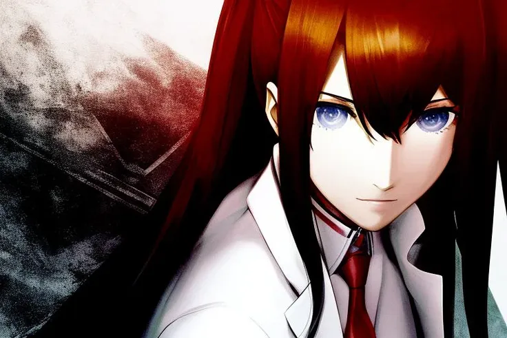 masterpiece, best quality, styhuke, makise kurisu, portrait, labcoat, (black rock shooter:0.5),