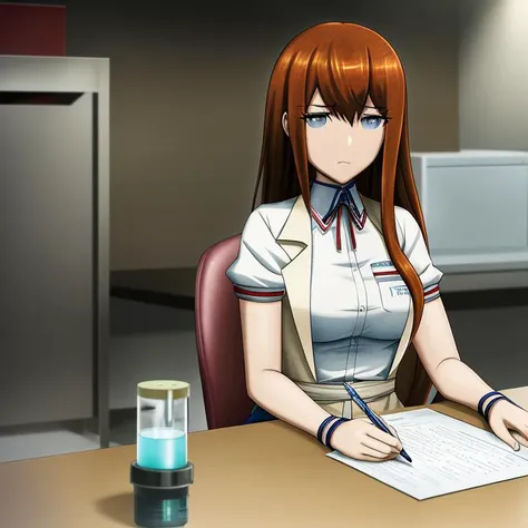 masterpiece, best quality, (styhuke:1.1), (sgnovelcg:1.1), (sgzeronovelcg:1.1), Kurisu, sitting at desk, lab