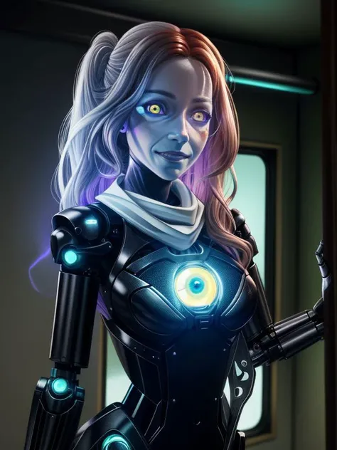 ((white eyes, glowing eyes, mechanical eyes)), 100_c1acabe164da40d1b2f3ef89dde39fd7loratoken is robo--mom, cyberpunk floral dress, holographic scarf, smiling, <lora:Lora-MissaX:1>