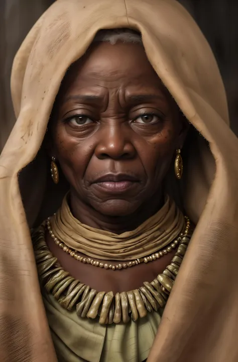 (((raw photo))) Photo of a congolese woman, wrinkles, aged, necklace, crowded papers room, closeup, neutral colors, barren land, best quality 8k photography, f/1.6, fuji XT3, photorealism, realistic, ((natural skin, skin texture, skin blemishes, pores))