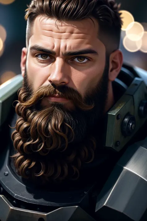 close up Portrait photo of muscular bearded guy in a worn mech suit, ((light bokeh)), intricate, (steel metal [rust]), elegant, sharp focus, soft lighting, vibrant colors, masterpiece, detailed face, <lora:add_saturation:-1>