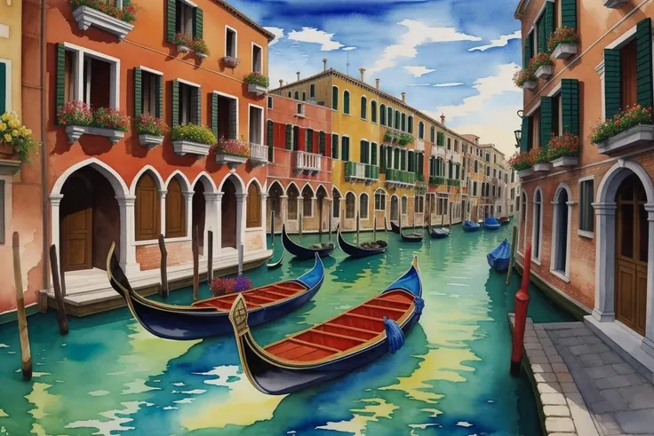 masterpiece, best quality, high quality, extremely detailed watercolour painting of a busy venetian canal