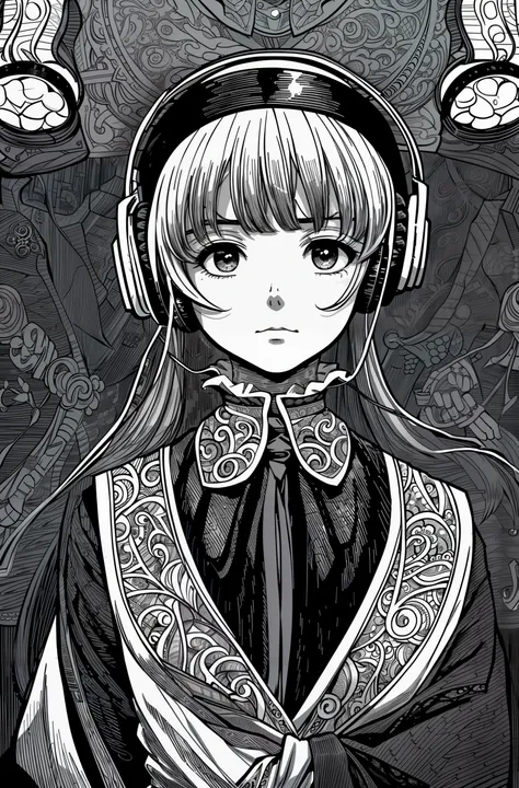 Jane Eyre with headphones, (((anime))), line art, intricate, elegant, highly detailed, sharp focus, ((((cinematic look)))), soothing tones, insane details, intricate details, hyperdetailed,