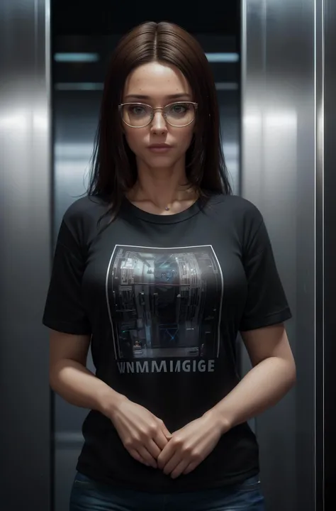 an attractive woman, in an (elevator), wearing a (t-shirt:1.1), glasses, (8k, RAW photo, best quality, depth of field, ultra high res:1.2), (absurdres, intricate, photorealistic, masterpiece, ultra-detailed, Unreal Engine:1.3)